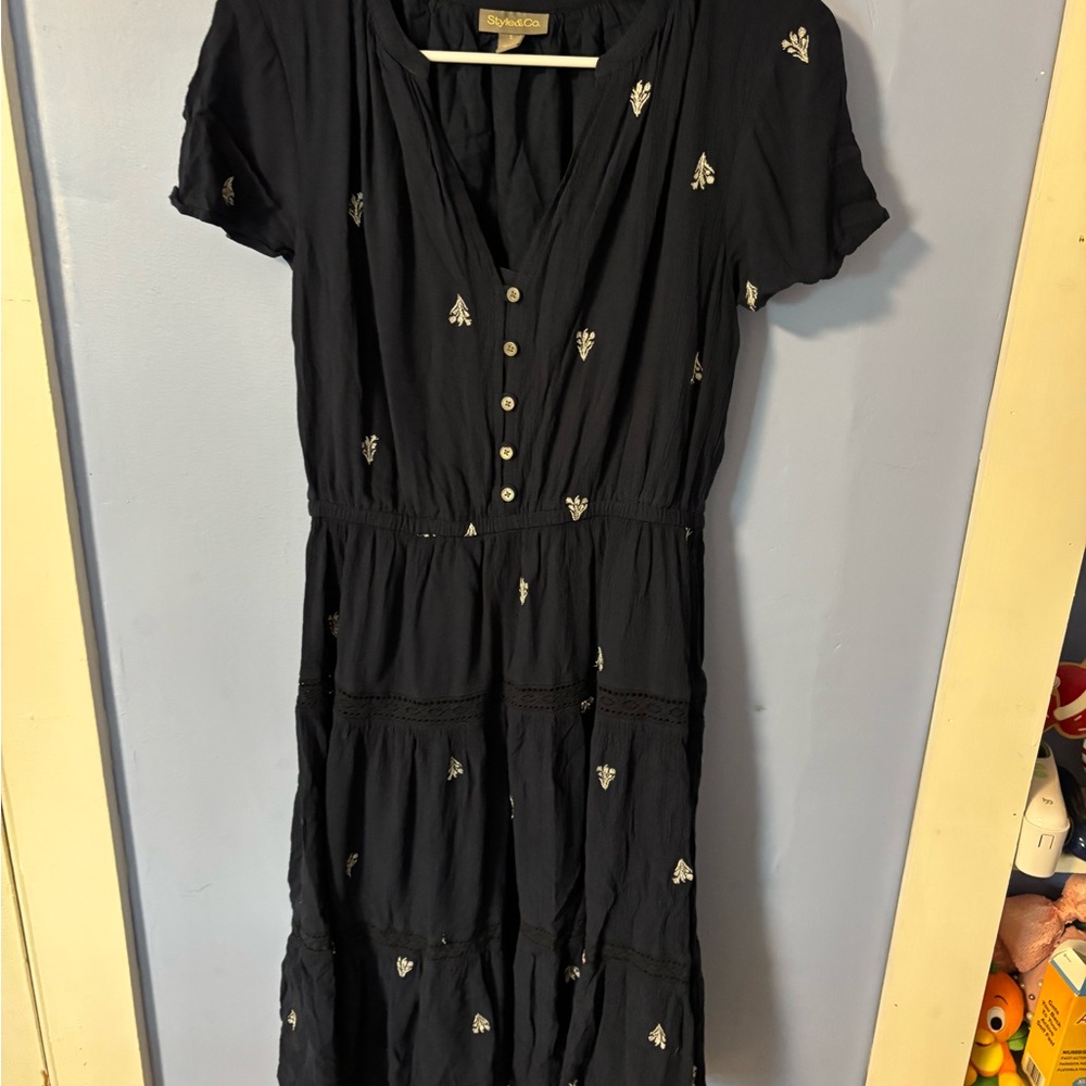 Anthropologie Dark Blue Maxi Dress with White Accents